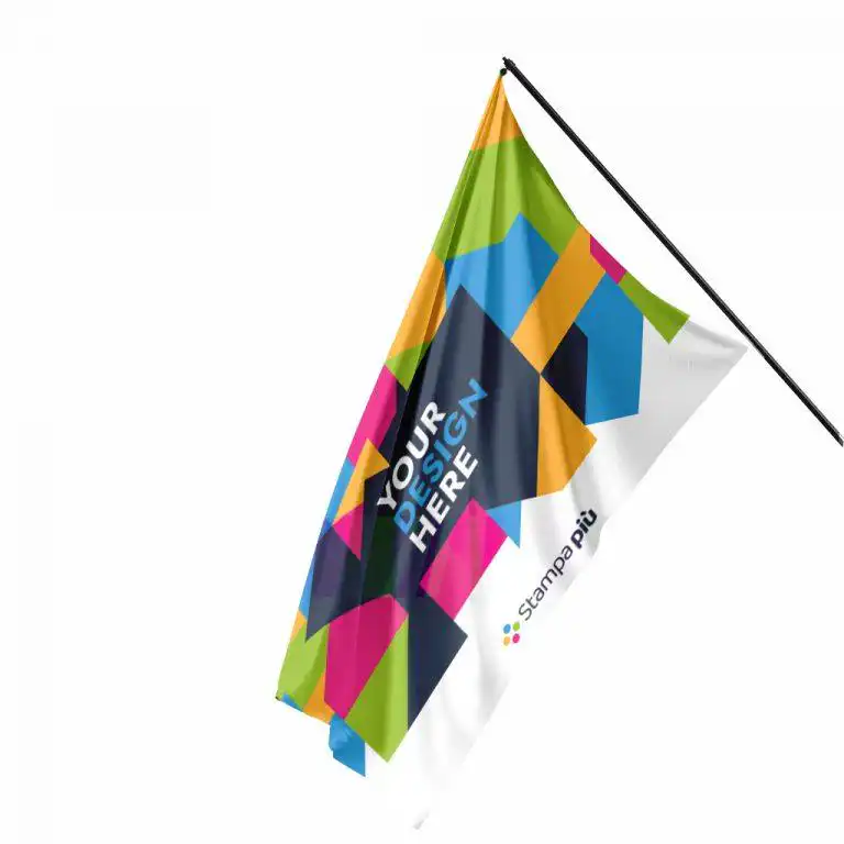 Bandiere in tessuto poliestere 195 gr in formati standard, leggere e resistenti, stampate ad alta definizione, ideali per fiere, eventi e punti vendita