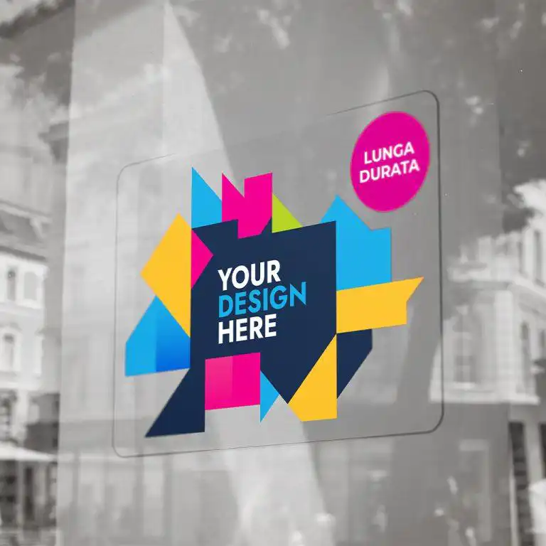 stampa PVC adesivo polimerico personalizzato per vetrofanie e superfici curve, vinile lucido 80 micron stampato ad alta definizione per uso interno ed esterno.