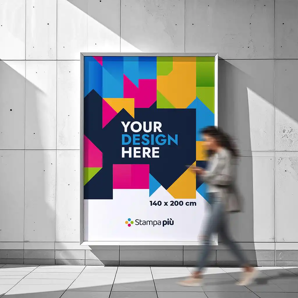 Manifesti per affissioni personalizzati 140×200 cm su carta blueback 115 gr, stampa digitale ad alta risoluzione, ideale per promozioni, eventi e affissioni outdoor di grande formato