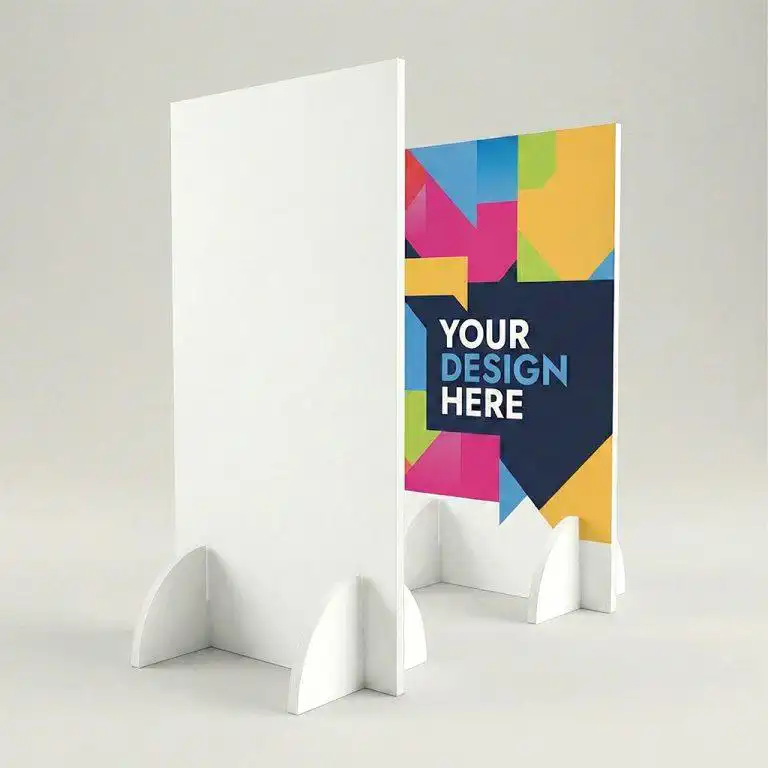 Pannelli espositivi autoportanti in sandwich piuma da 1 cm con supporti a mezzaluna, totem pubblicitari personalizzabili per fiere ed eventi